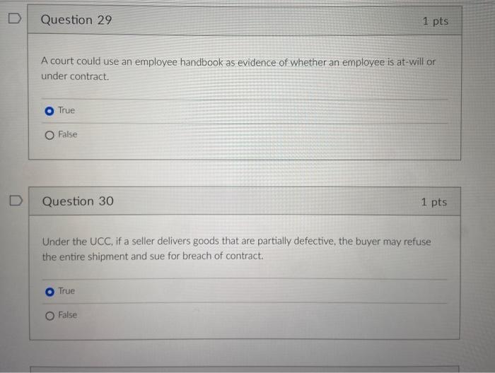 Question 29 1 Pts A Court Could Use An Employee Handbook As Evidence Of Whether An Employee Is At Will Or Under Contract 1