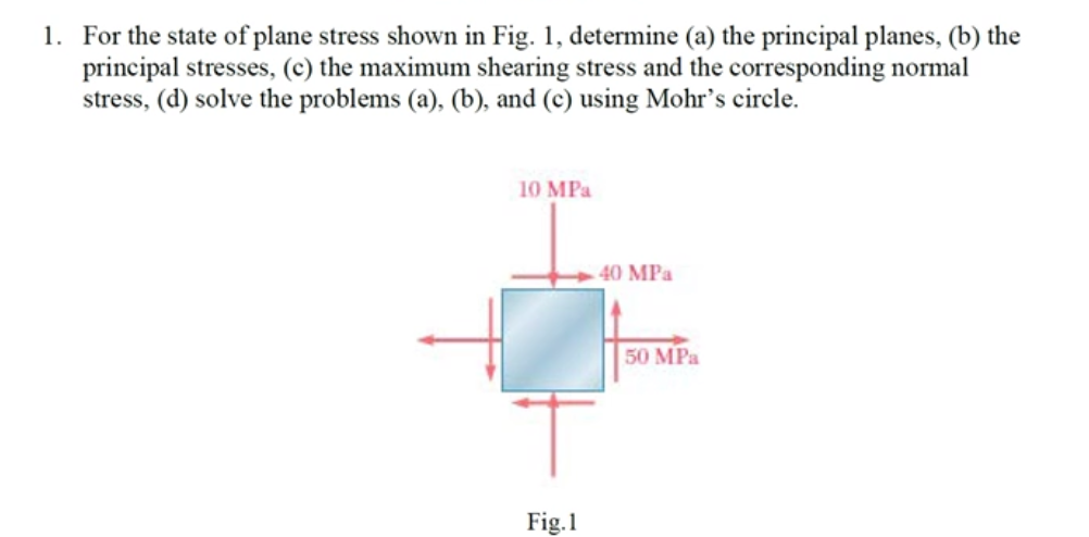 1 For The State Of Plane Stress Shown In Fig 1 Determine A The Principal Planes B The Principal Stresses C Th 1