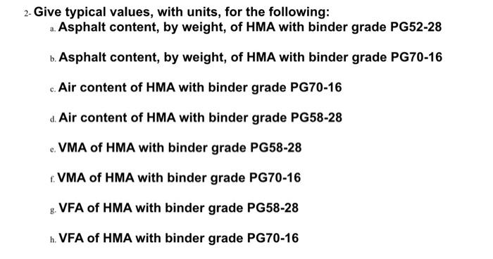 2 Give Typical Values With Units For The Following A Asphalt Content By Weight Of Hma With Binder Grade Pg52 28 B 1