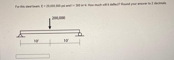 For This Steel Beam E 29 000 000 Psi And I 300 In 4 How Much Will It Deflect Round Your Answer To 2 Decimals 200 1
