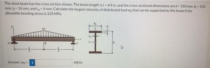 The Steel Beam Has The Cross Section Shown The Beam Length Is L 4 9 M And The Cross Sectional Dimensions Are D 310 M 1