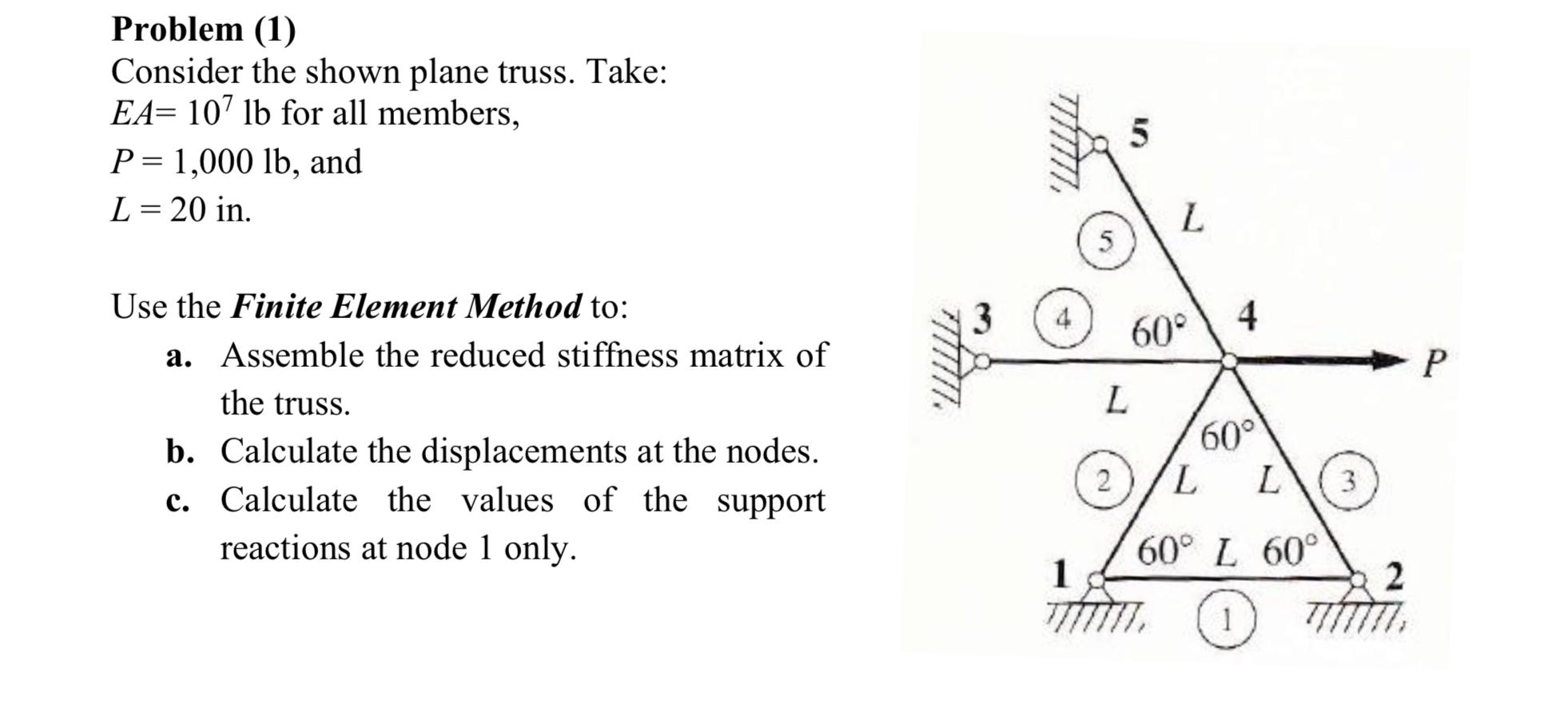 Problem 1 Consider The Shown Plane Truss Take Ea 107 Lb For All Members P 1 000 Lb And L 20 In 5 L S 4 4 60 1