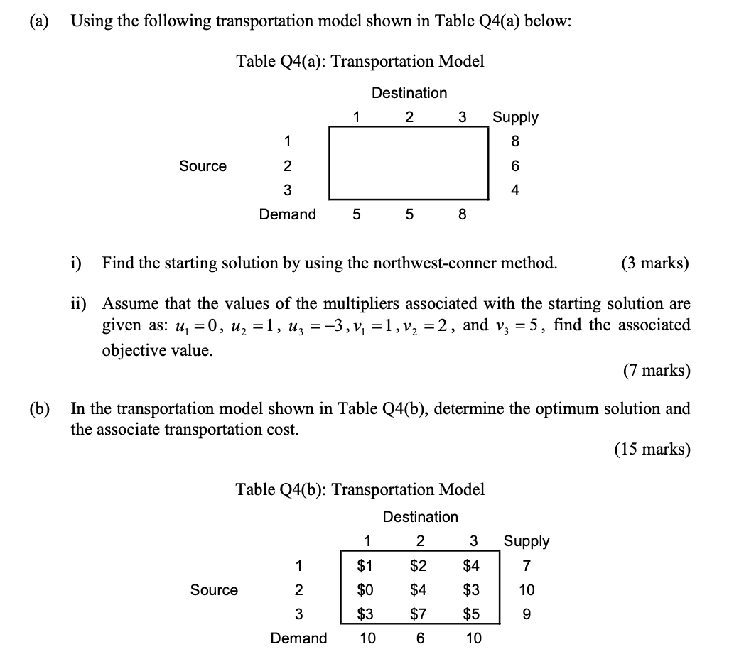 A Using The Following Transportation Model Shown In Table Q4 A Below Table Q4 A Transportation Model Destination 1 1