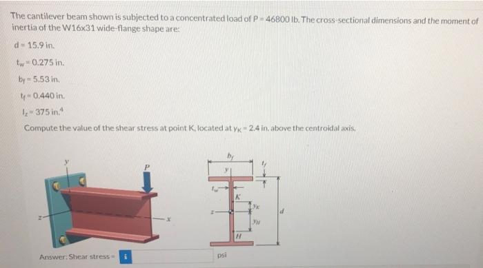The Cantilever Beam Shown Is Subjected To A Concentrated Load Of P 46800 Lb The Cross Sectional Dimensions And The Mome 1