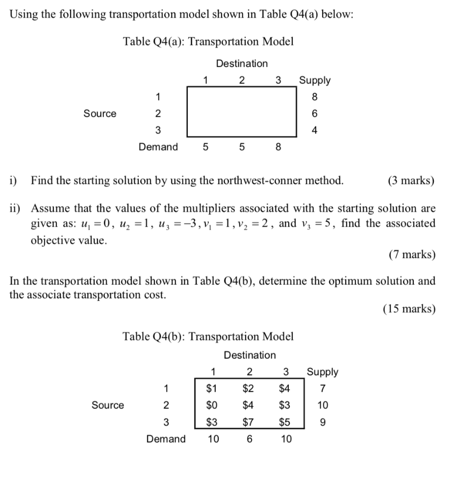 Using The Following Transportation Model Shown In Table Q4 A Below Table Q4 A Transportation Model Destination 2 1 3 1