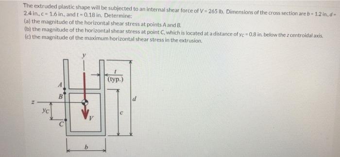 The Extruded Plastic Shape Will Be Subjected To An Internal Shear Force Of V 265 Ib Dimensions Of The Cross Section Are 1