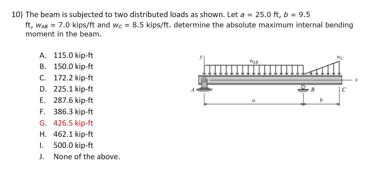 10 The Beam Is Subjected To Two Distributed Loads As Shown Let A 25 0 Ft B 9 5 Ft Wab 7 0 Kips Ft And Wc 8 5 K 1