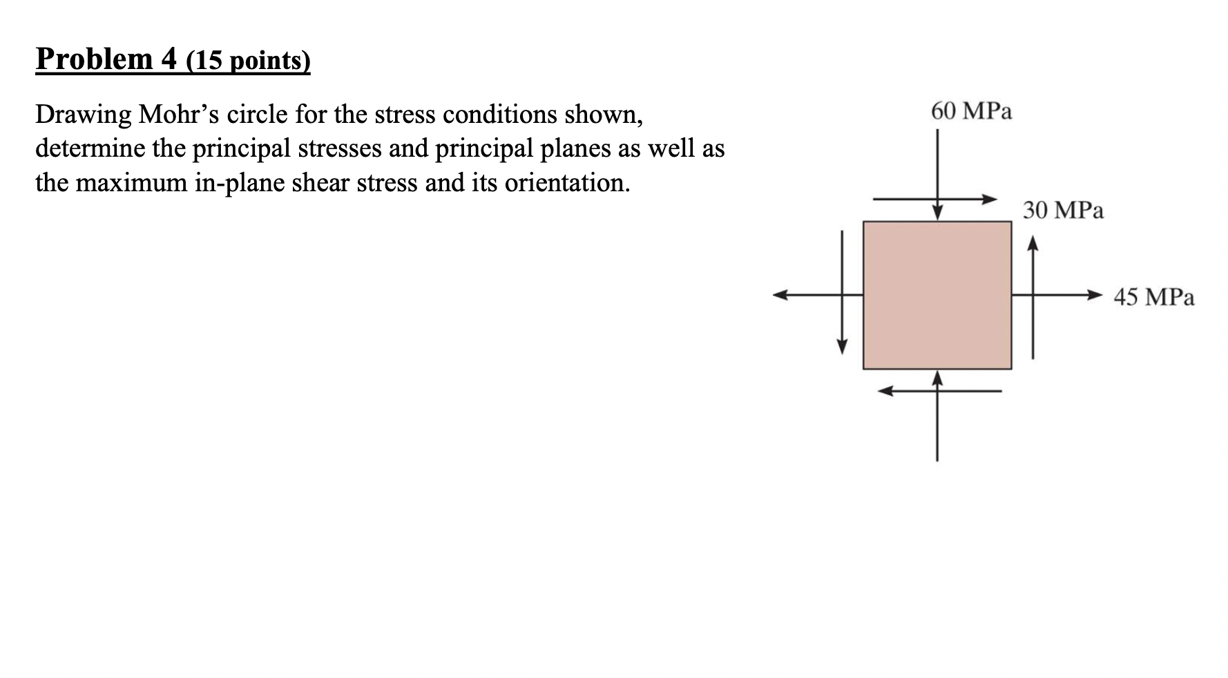 Problem 4 15 Points 60 Mpa Drawing Mohr S Circle For The Stress Conditions Shown Determine The Principal Stresses And 1