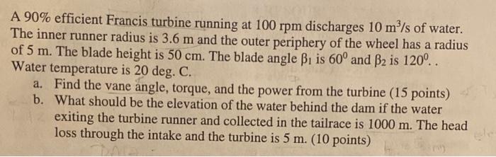 A 90 Efficient Francis Turbine Running At 100 Rpm Discharges 10 M S Of Water The Inner Runner Radius Is 3 6 M And The 1