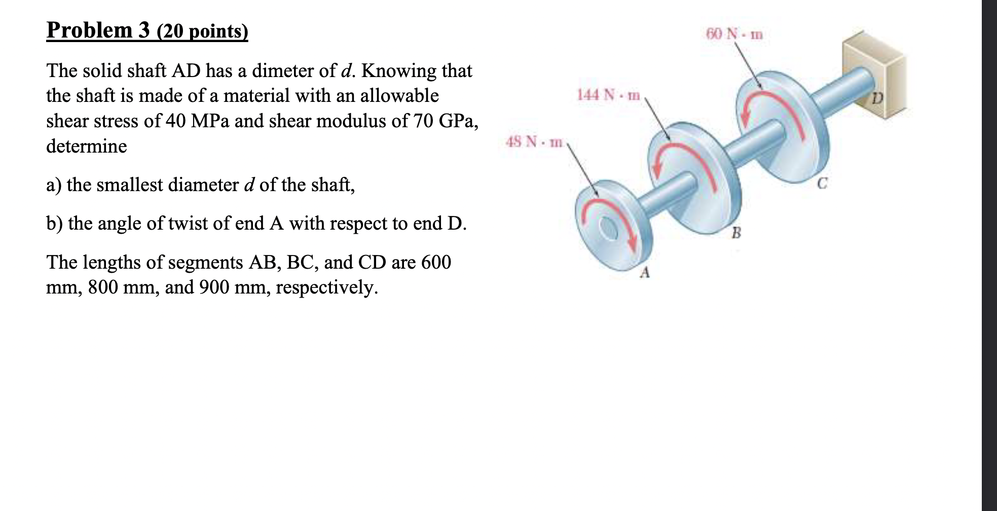 Problem 3 20 Points 60 Nm A 144 N M The Solid Shaft Ad Has A Dimeter Of D Knowing That The Shaft Is Made Of A Materia 1