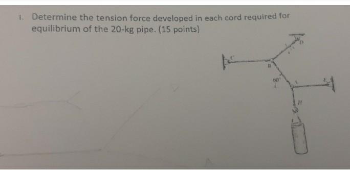 1 Determine The Tension Force Developed In Each Cord Required For Equilibrium Of The 20 Kg Pipe 15 Points 1