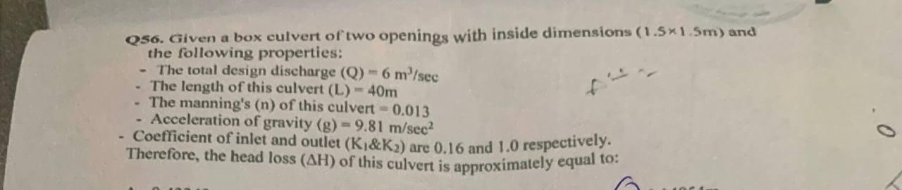 256 Given A Box Culvert Of Two Openings With Inside Dimensions 1 5 1 5m And The Following Properties The Total Des 1
