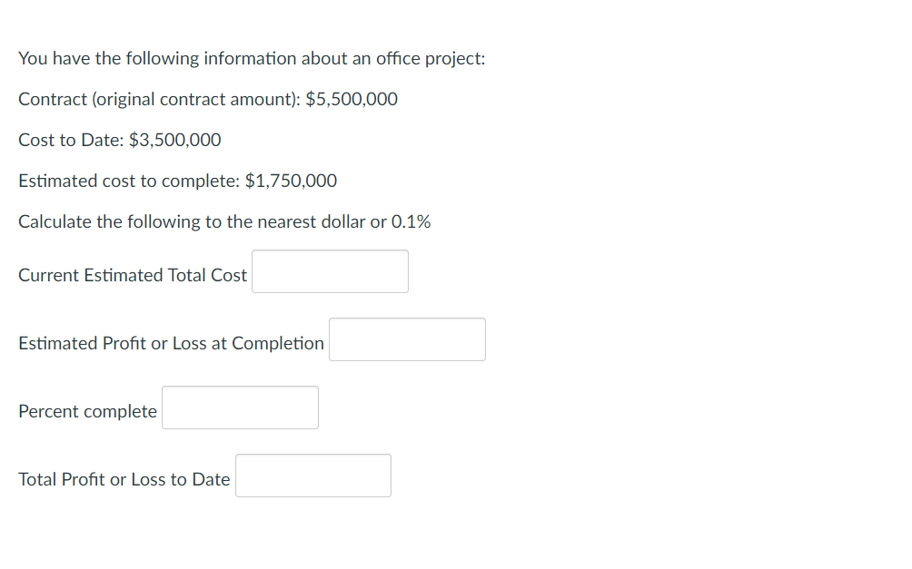 You Have The Following Information About An Office Project Contract Original Contract Amount 5 500 000 Cost To Date 1