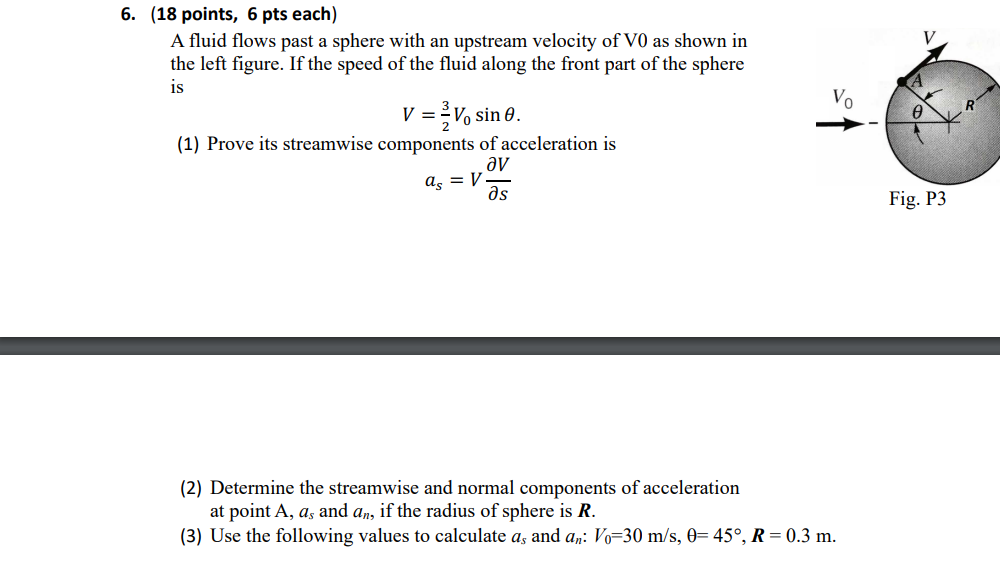 6 18 Points 6 Pts Each A Fluid Flows Past A Sphere With An Upstream Velocity Of Vo As Shown In The Left Figure If T 1