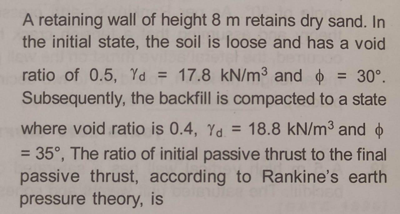 A Retaining Wall Of Height 8 M Retains Dry Sand In The Initial State The Soil Is Loose And Has A Void Ratio Of 0 5 1