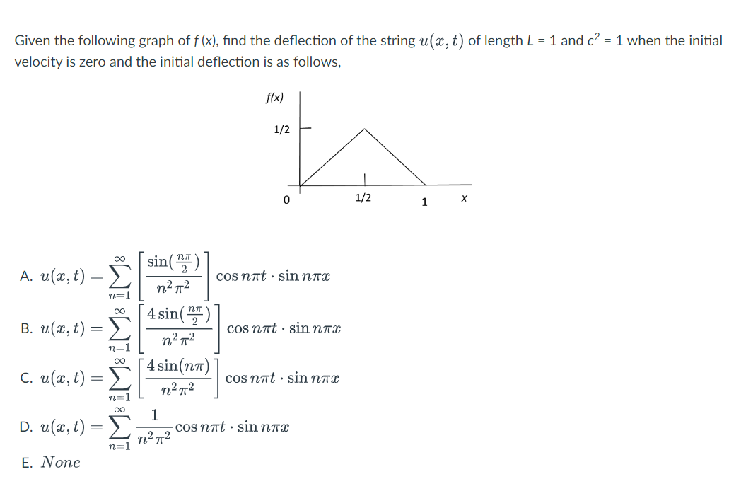 Given The Following Graph Of F X Find The Deflection Of The String U X T Of Length L 1 And C2 1 When The Initial 1