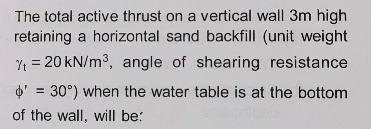 The Total Active Thrust On A Vertical Wall 3m High Retaining A Horizontal Sand Backfill Unit Weight Yt 20 Kn M3 Angl 1