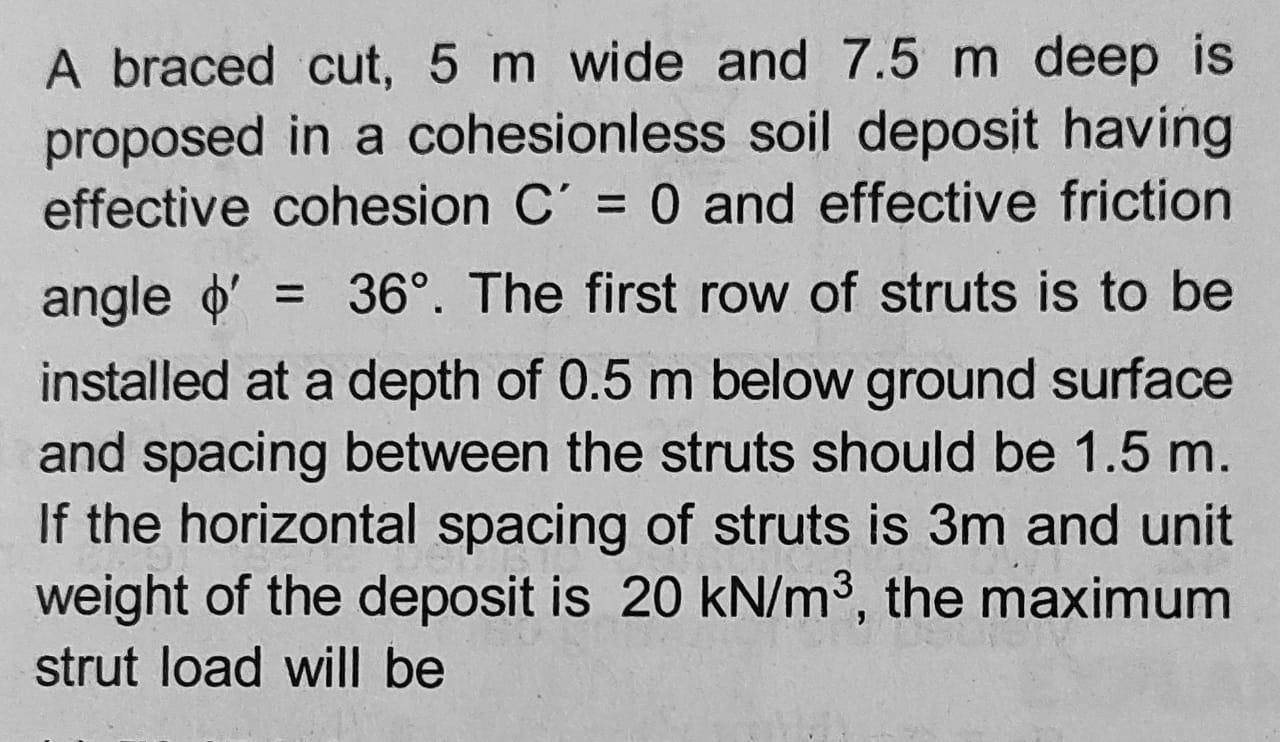 A Braced Cut 5 M Wide And 7 5 M Deep Is Proposed In A Cohesionless Soil Deposit Having Effective Cohesion C 0 And Ef 1