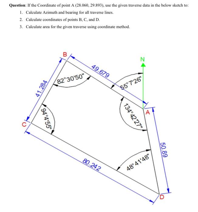 Question If The Coordinate Of Point A 28 060 29 893 Use The Given Traverse Data In The Below Sketch To 1 Calculat 1