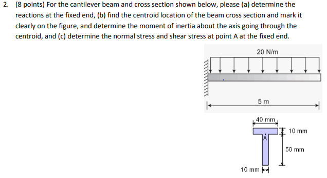 2 8 Points For The Cantilever Beam And Cross Section Shown Below Please A Determine The Reactions At The Fixed End 1