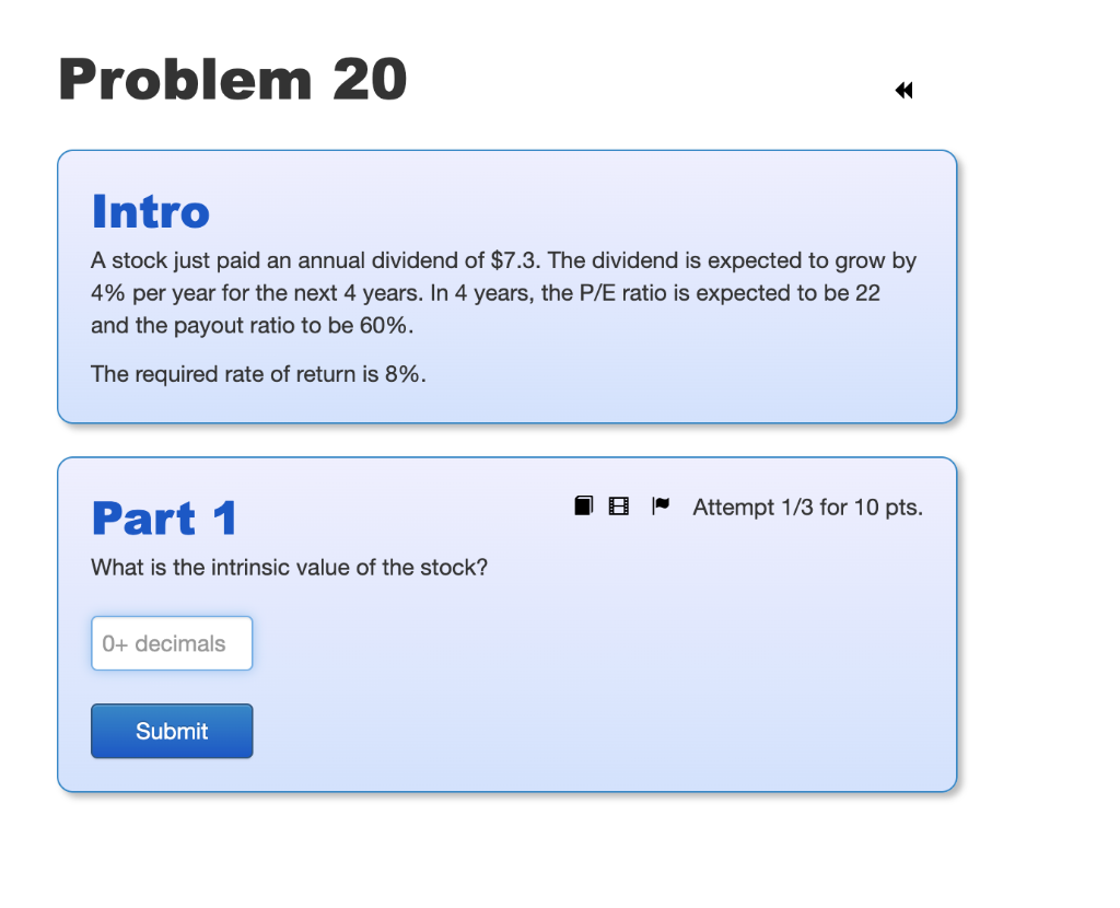 Problem 20 Intro A Stock Just Paid An Annual Dividend Of 7 3 The Dividend Is Expected To Grow By 4 Per Year For The N 1