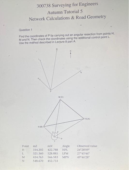300738 Surveying For Engineers Autumn Tutorial 5 Network Calculations Road Geometry Question 1 Find The Coordinates Of 1