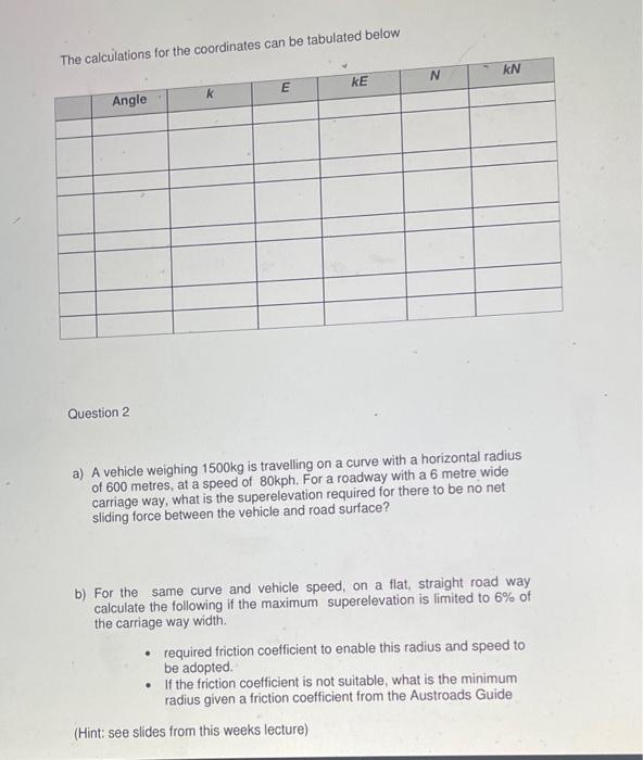300738 Surveying For Engineers Autumn Tutorial 5 Network Calculations Road Geometry Question 1 Find The Coordinates Of 2