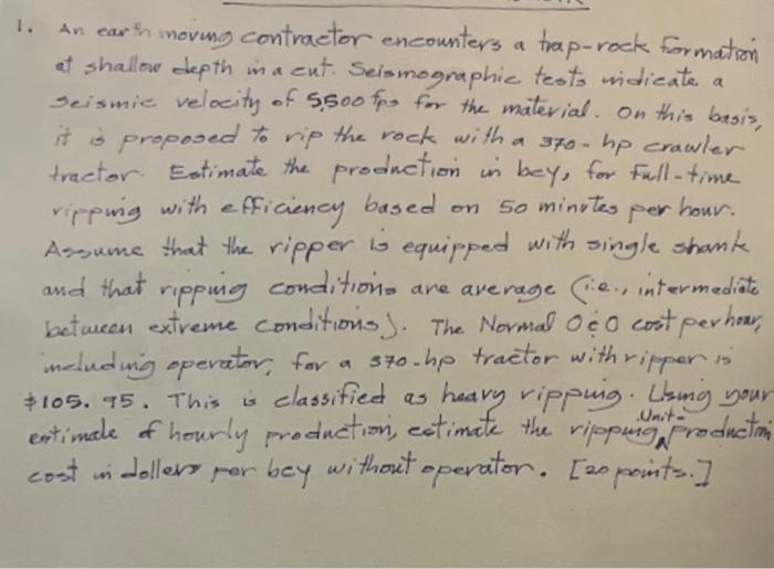 1 An Earth Moving Contractor Encounters A Trap Rock Formation At Shallow Depth Ma Cut Seismographic Tests Widicate A S 1