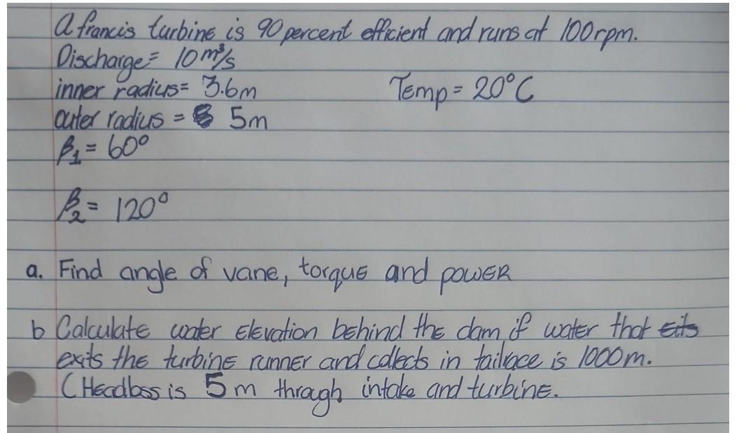 A Francis Turbine Is 90 Percent Officient And Runs Al 100rpm Discharge Comes Inner Radius 3 6m Temp 20 C Outer Radiu 1