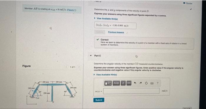 Member Ab Is Rotating At 9 Rads 1 Determine The And Components Of The Velocity Of Port Express Your Answers Using Th 1