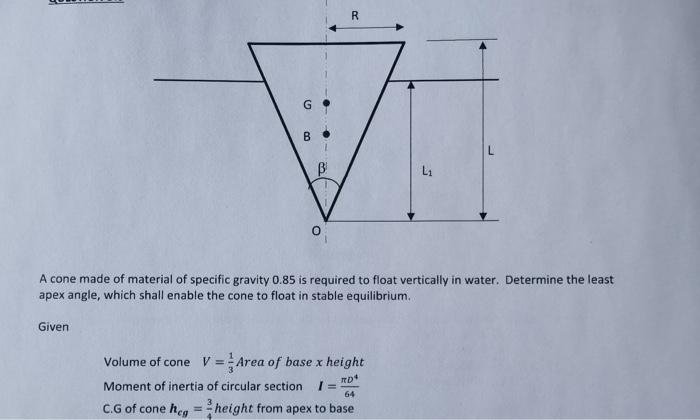 R G B B Li 0 A Cone Made Of Material Of Specific Gravity 0 85 Is Required To Float Vertically In Water Determine The Le 1