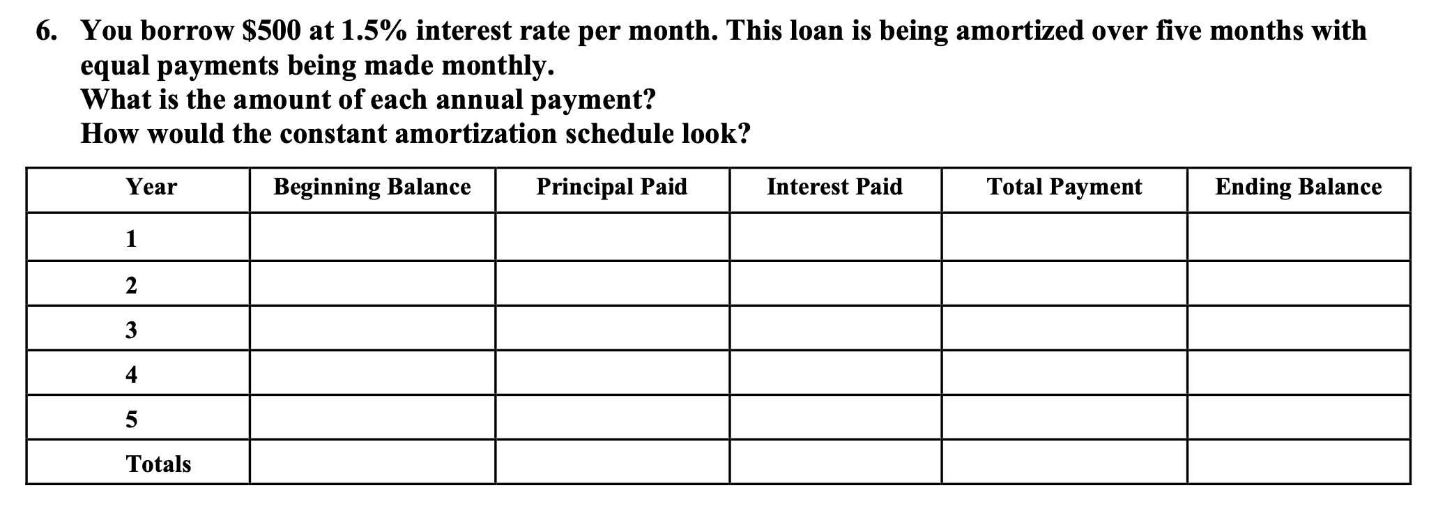 6 You Borrow 500 At 1 5 Interest Rate Per Month This Loan Is Being Amortized Over Five Months With Equal Payments Be 1