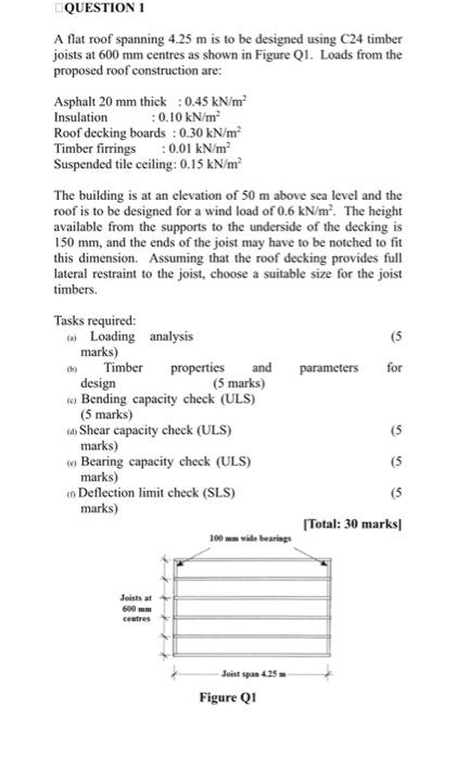 Question 1 A Flat Roof Spanning 4 25 M Is To Be Designed Using C24 Timber Joists At 600 Mm Centres As Shown In Figure Ql 1