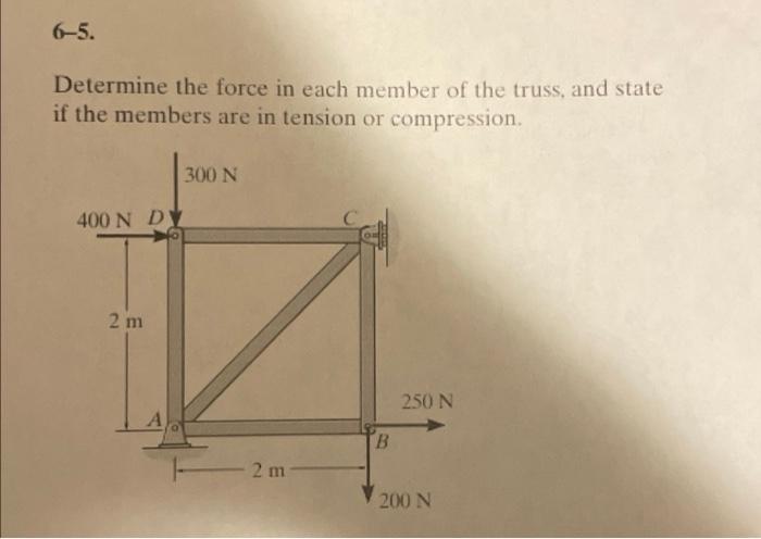 65 Determine The Force In Each Member Of The Truss And State If The Members Are In Tension Or Compression 300 N 400 N 1