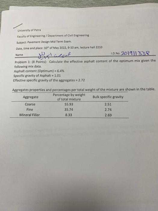 University Of Petra Faculty Of Engineering Department Of Civil Engineering Subject Pavement Design Mid Term Exam Date 1
