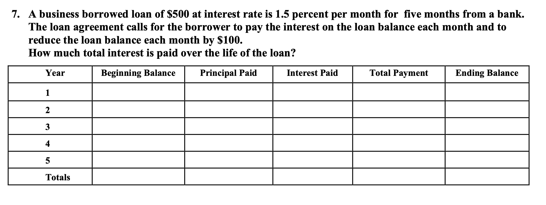 7 A Business Borrowed Loan Of 500 At Interest Rate Is 1 5 Percent Per Month For Five Months From A Bank The Loan Agre 1