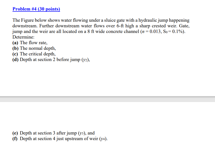Problem 4 30 Points The Figure Below Shows Water Flowing Under A Sluice Gate With A Hydraulic Jump Happening Downstre 1