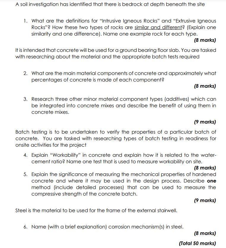 A Soil Investigation Has Identified That There Is Bedrock At Depth Beneath The Site 1 What Are The Definitions For Int 1