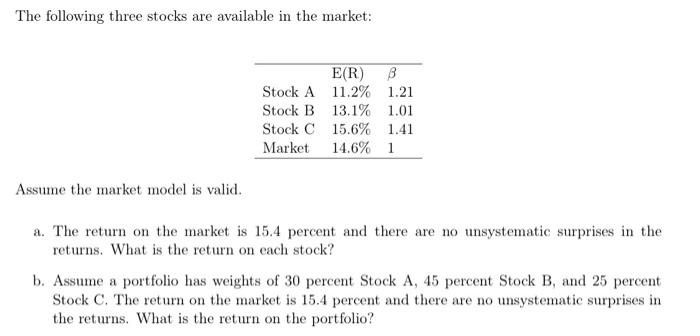 The Following Three Stocks Are Available In The Market E R B Stock A 11 2 1 21 Stock B 13 1 1 01 Stock C 15 6 1 41 1