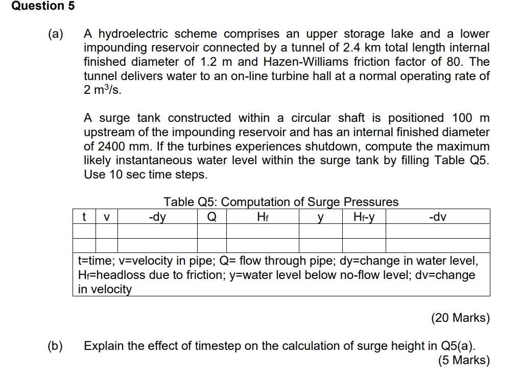 Question 5 A A Hydroelectric Scheme Comprises An Upper Storage Lake And A Lower Impounding Reservoir Connected By A Tu 1