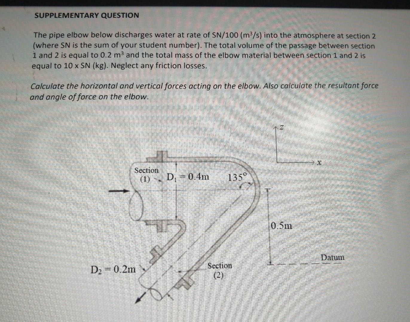Supplementary Question The Pipe Elbow Below Discharges Water At Rate Of Sn 100 M S Into The Atmosphere At Section 2 W 1