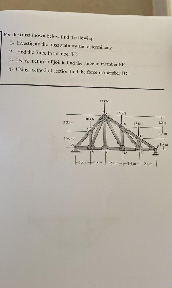 For The Truss Shown Below Find The Flowing 1 Investigate The Truss Stability And Determinacy 2 Find The Force In Mem 1