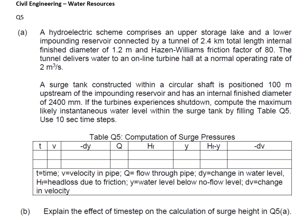 Civil Engineering Water Resources Q5 A A Hydroelectric Scheme Comprises An Upper Storage Lake And A Lower Impounding 1