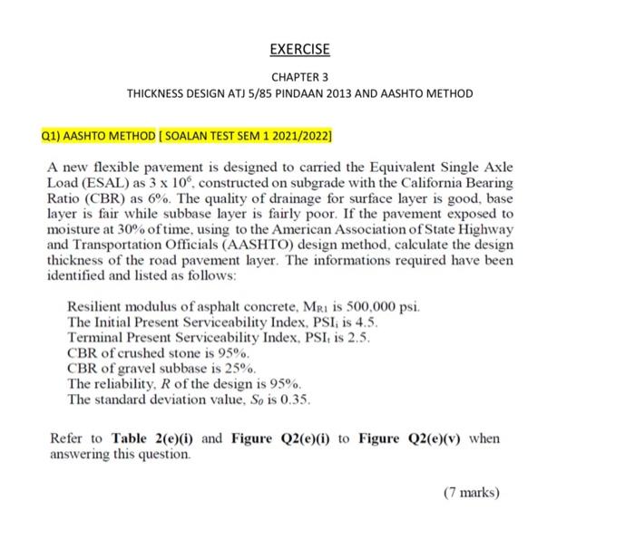 Exercise Chapter 3 Thickness Design Atj 5 85 Pindaan 2013 And Aashto Method Q1 Aashto Method Soalan Test Sem 1 2021 2 1
