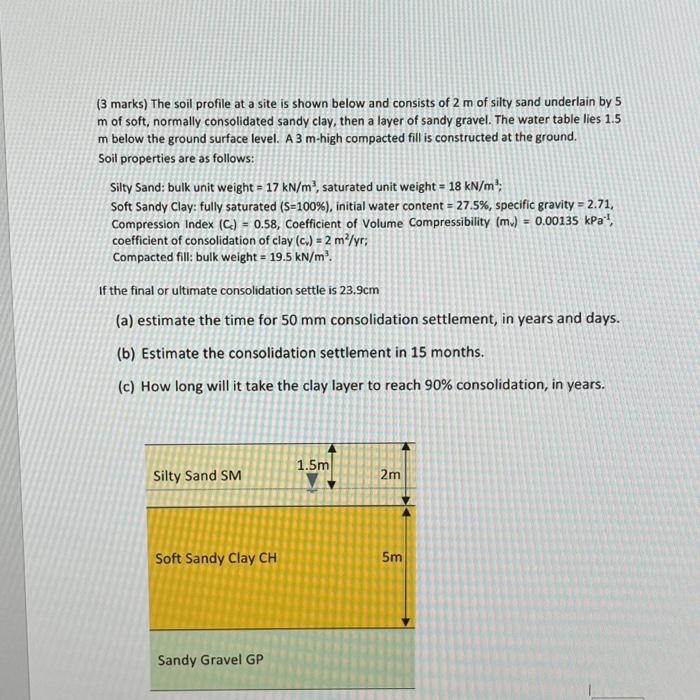 3 Marks The Soil Profile At A Site Is Shown Below And Consists Of 2 M Of Silty Sand Underlain By 5 M Of Soft Normally 1