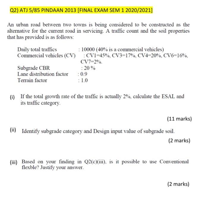 Q2 Atj 5 85 Pindaan 2013 Final Exam Sem 1 2020 2021 An Urban Road Between Two Towns Is Being Considered To Be Constru 1