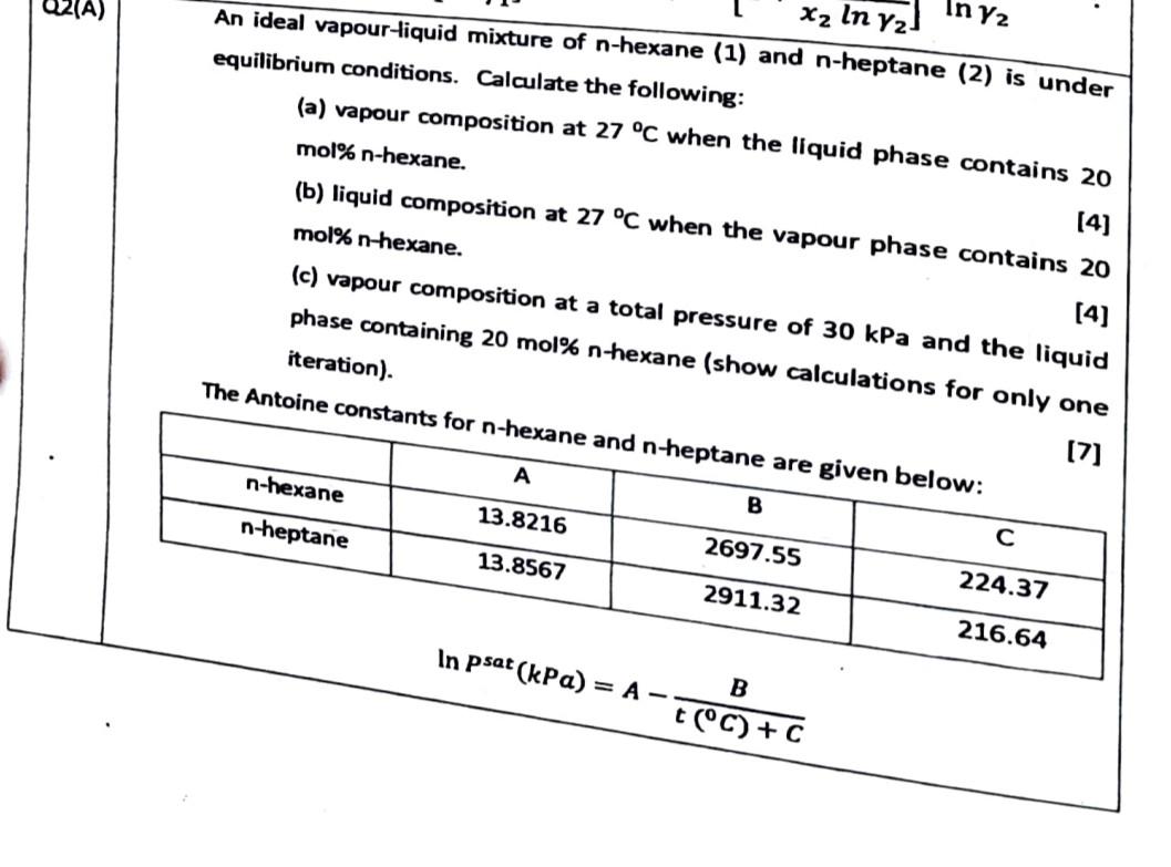 U21a 2 A In Y2 X2 In Y2 An Ideal Vapour Liquid Mixture Of N Hexane 1 And N Heptane 2 Is Under Equilibrium Condition 1