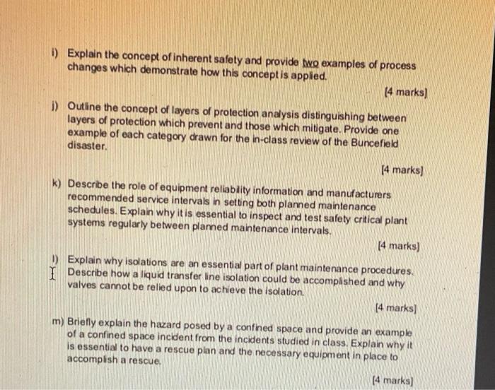 1 Explain The Concept Of Inherent Safety And Provide Two Examples Of Process Changes Which Demonstrate How This Concept 1