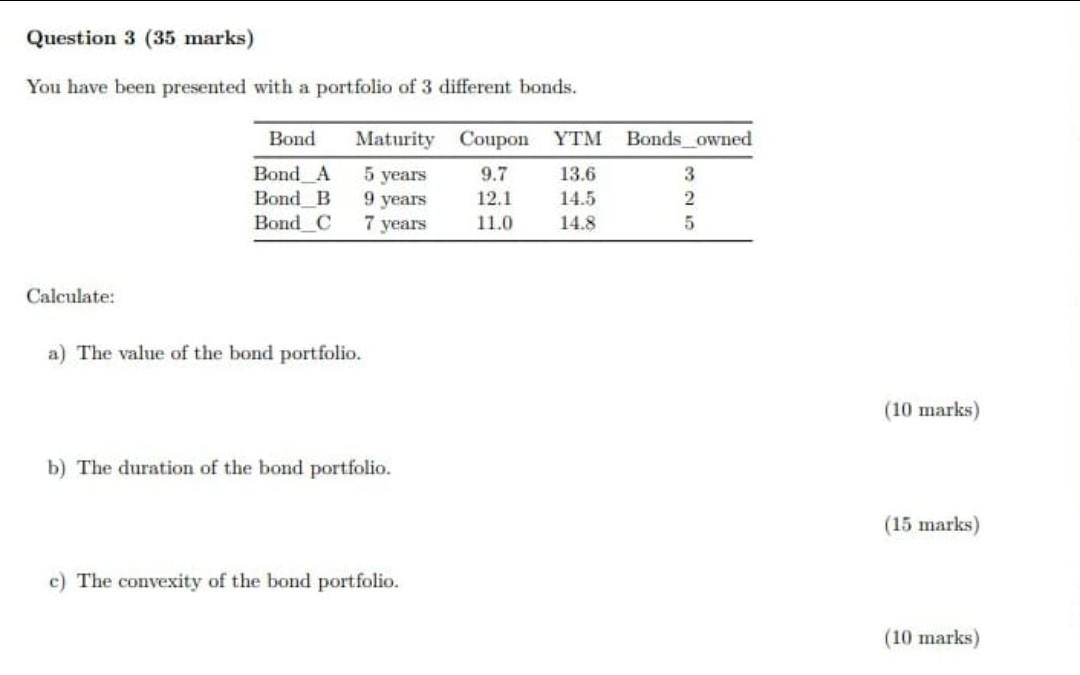 Question 3 35 Marks You Have Been Presented With A Portfolio Of 3 Different Bonds Bond Maturity Coupon Ytm Bonds Owne 1