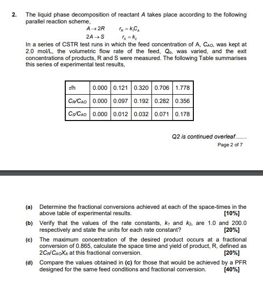 2 The Liquid Phase Decomposition Of Reactant A Takes Place According To The Following Parallel Reaction Scheme A2r T 1